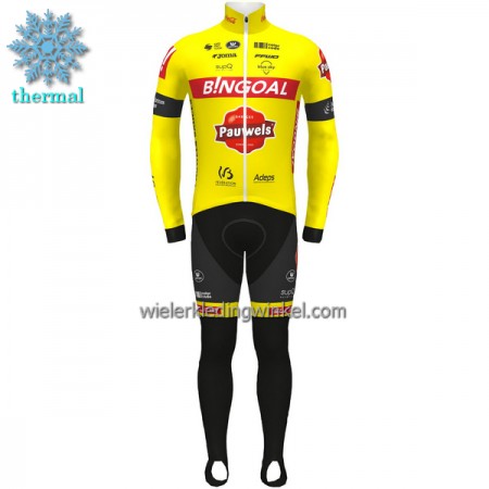 Set Fietsshirt Lange Mouw + Lange Koersbroek 2022 Bingoal Pauwels Sauces WB Winter Thermal Fleece Rood Neongeel